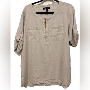 Ellen Tracy 100% Linen Roll Tab Tunic Blouse Tan Oatmeal Size Large